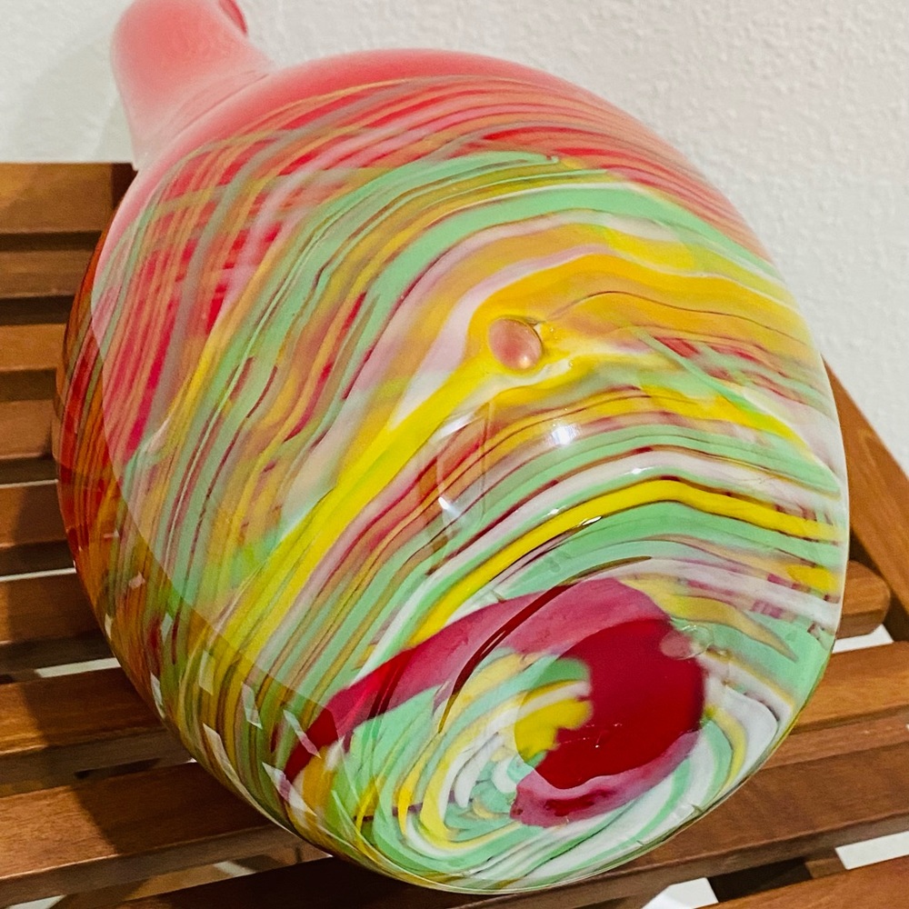 Vintage Murano Red Yellow & Green Art Glass Bottle Vase. Lizarri Glass Signature - Picture 8 of 11